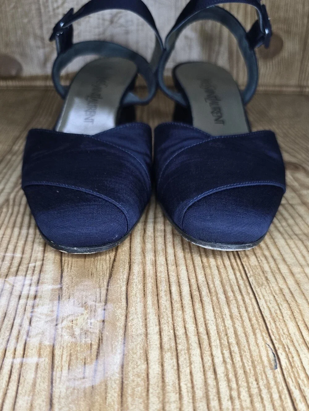 Yves Saint Laurent Navy Low Block Heels with Ankle‎ Strap Size 7.5